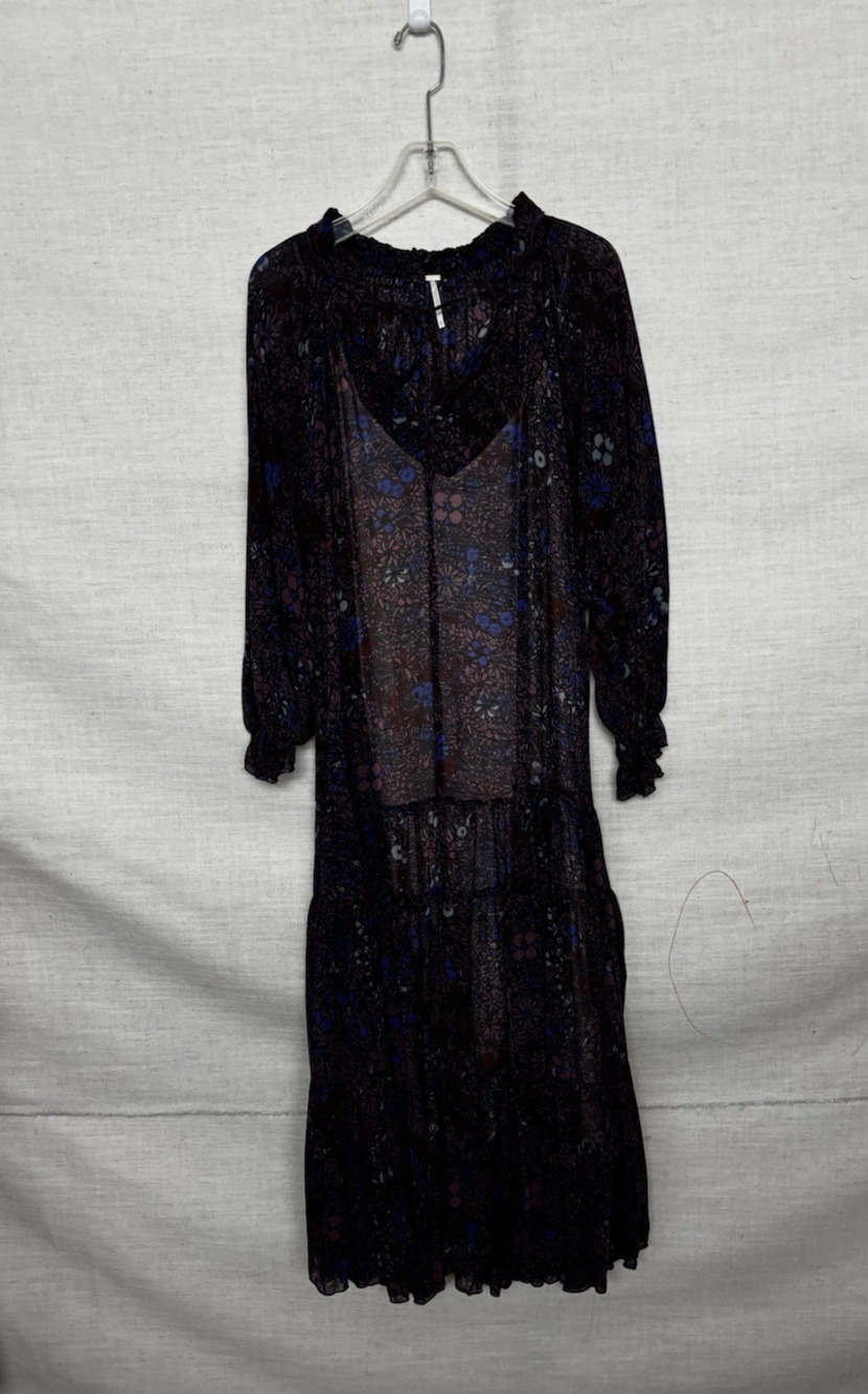Free People Maxi Dress Small Long Aline Purple Floral Boho Sheer Slip